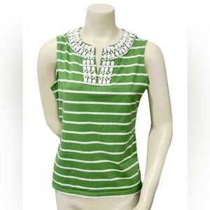 Talbots Petites Green Striped Jeweled Neck Sleeveless Top L